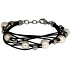 Black leather bracelet with white freshwater pearls and silver artificial pearls