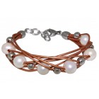 Leather bracelet copper with white freshwater pearls and silver artificial pearls