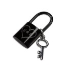 Necklace pendant lock made of stainless steel PVD black coated with an attached key and individual engraving