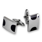 Cufflinks made of stainless steel, slightly curved, black accents on the side