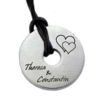 Pendant donut made of matted stainless steel with your name engraving and a double heart