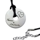 Pendant donut made of matted stainless steel with your name engraving and a double heart