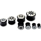 Organix plug with a flower motif, black on white, different sizes