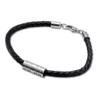 Black braided leather bracelet with a cylindrical stainless steel design