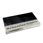 Business card case made of stainless steel, partly covered with black imitation leather and individual engraving