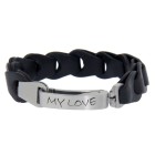 Real leather bracelet black, narrow with stainless steel clasp and individual engraving