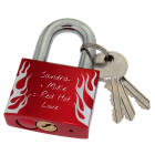 Love lock red made of aluminum 50mm with flame motif and your individual engraving