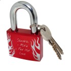 Love lock red made of aluminum 50mm with flame motif and your individual engraving