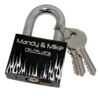 Black love lock made of aluminum 50mm with flame motif and your individual engraving