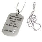 Stainless steel dog tag pendant with crystal cross on the front and custom engraving