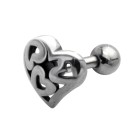 Ear piercing 1.2x6mm with a heart design made of 925 sterling silver for the right or left ear