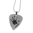 Stainless steel plectrum pendant engraved with a hand or footprint and name
