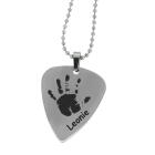 Stainless steel plectrum pendant engraved with a hand or footprint and name