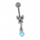 Navel piercing with butterfly motif made of 925 sterling silver and pendant crystal briolette