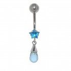 Belly button piercing with a star shaped crystal and a briolette charm set in it