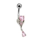 Navel piercing with set zircons, delicate heart with pendant, crystals in different colors