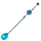 Piercing curved navel with briolette trimmings, light blue rhinestone chain