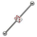 Industrial barbell piercing made of surgical steel with a dice