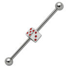 Industrial barbell piercing made of surgical steel with a dice