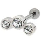 TIP Ear piercing with 1.2x6mm 316L barbell with three crystals set in 925 sterling silver