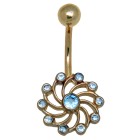 9k gold belly button piercing, swirling sun with light blue crystals