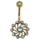 9k gold belly button piercing, swirling sun with light blue crystals