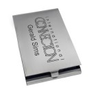 Business card case made of matted stainless steel with individual engraving, opens on the side