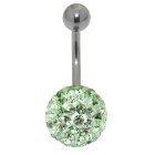 Belly button piercing with many green crystals in an epoxy mass in 1.6x6mm / 1.6x8mm / 1.6x10mm / 1.6x12mm / 1.6x14mm length