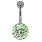 Belly button piercing with many green crystals in an epoxy mass in 1.6x6mm / 1.6x8mm / 1.6x10mm / 1.6x12mm / 1.6x14mm length