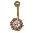 18k gold belly button piercing, white crystal surrounded by small gold balls