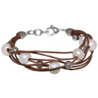 Leather bracelet light brown with white freshwater pearls and silver artificial pearls