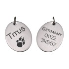 Dog collar pendant made of matted stainless steel with engraving - also works for big cats