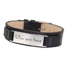 Narrow black leather bracelet with matted engraving plate and individual engraving