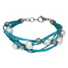 Leather bracelet turquoise with white freshwater pearls and silver artificial pearls