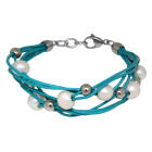 Leather bracelet turquoise with white freshwater pearls and silver artificial pearls
