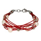 Leather bracelet red with white and silver artificial pearls