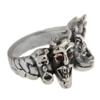 Heavy ring made of 925 sterling silver, motif demons, red crystal eyes