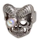 Schwerer Ring Motiv Totenkopf mit Hörnern aus 925 Sterling Silber, oxidiert