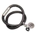 Real leather bracelet dark gray with python print, double wrapped with round pendant and black crystal heart, stainless steel m