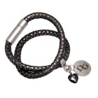 Real leather bracelet dark gray with python print, double wrapped with round pendant and black crystal heart, stainless steel m