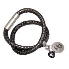 Real leather bracelet dark gray with python print, double wrapped with round pendant and black crystal heart, stainless steel m