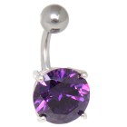 Belly button piercing with large purple zirconia navel plug, surgical steel