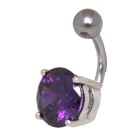 Belly button piercing with large purple zirconia navel plug, surgical steel
