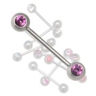 316L surgical steel barbell with 2 front facing crystals of different lengths