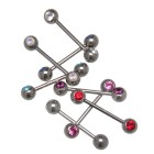 316L surgical steel barbell with 2 front facing crystals of different lengths