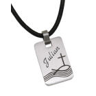 Rectangular stainless steel pendant with Christian motif and desired name - size is suitable for communion children