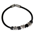 Black rubber bracelet with three heart-shaped steel links and initials 17cm / 18cm / 19cm / 20cm / 21cm / 22cm / 23cm