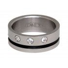 High-gloss stainless steel ring with crystals and black accent