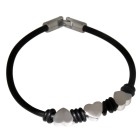 Black rubber bracelet with three heart-shaped steel links 17cm / 18cm / 19cm / 20cm / 21cm / 22cm / 23cm