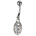 Belly button piercing 1.6x10mm with an oval ornamental, 3D silver design